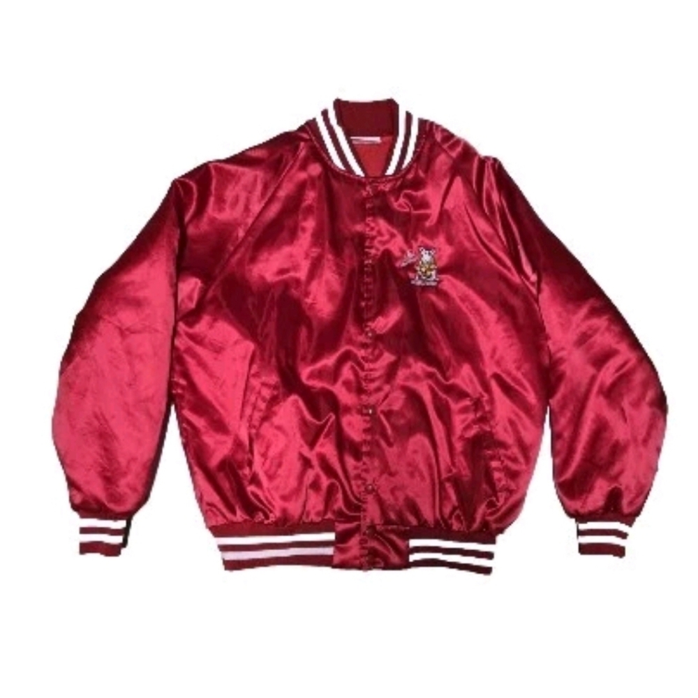 Budweiser Spud Mackenzie Varsity Bomber Jacket Vintage 80s Mens XL Satin Red